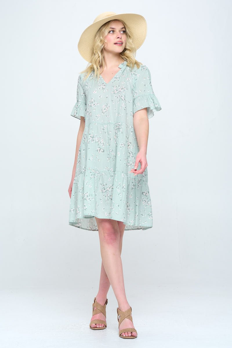 Floral Print V Neck Tiered Dress - Shellcreations