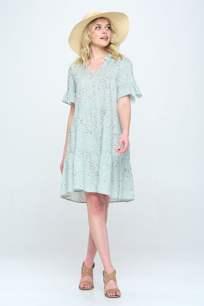 Floral Print V Neck Tiered Dress - Shellcreations