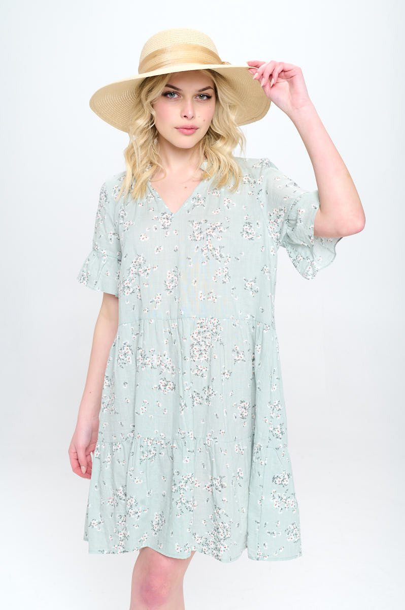 Floral Print V Neck Tiered Dress - Shellcreations