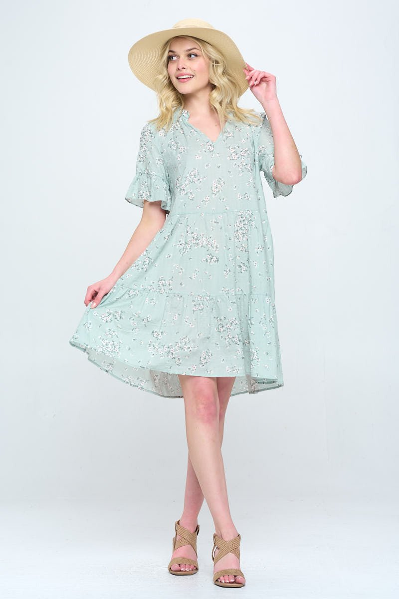 Floral Print V Neck Tiered Dress - Shellcreations