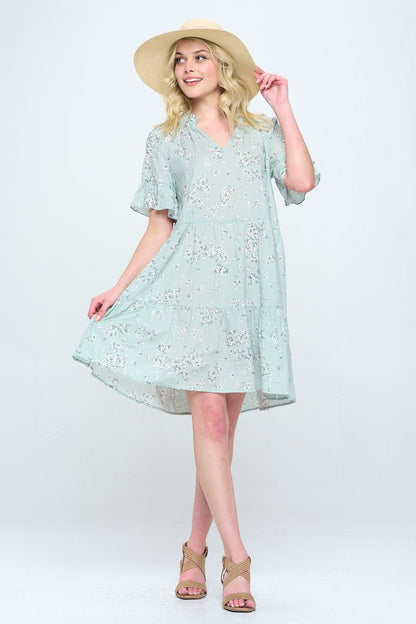 Floral Print V Neck Tiered Dress - Shellcreations