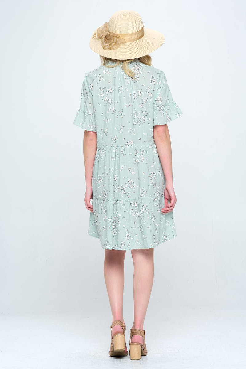 Floral Print V Neck Tiered Dress - Shellcreations