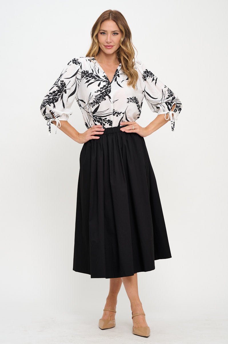 Floral Print V neck Top with Sleeve Tie - Shellcreations