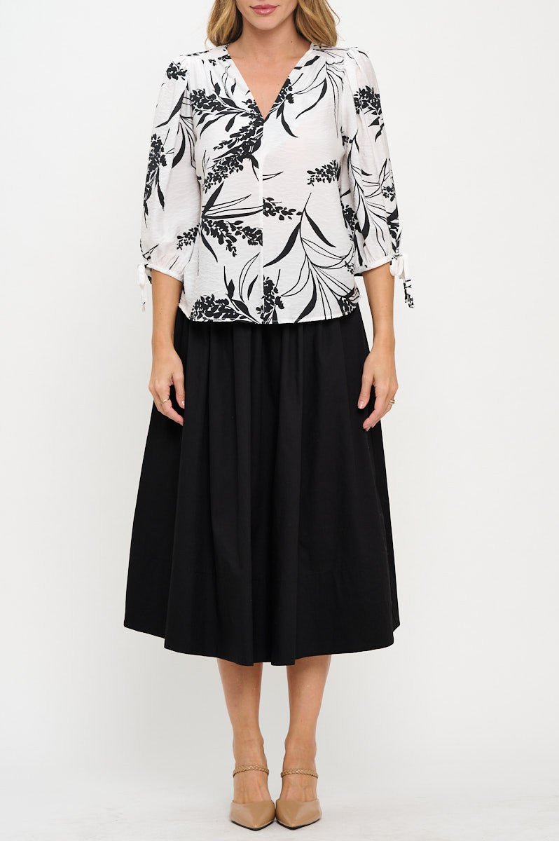 Floral Print V neck Top with Sleeve Tie - Shellcreations