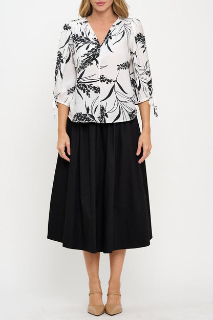 Floral Print V neck Top with Sleeve Tie - Shellcreations