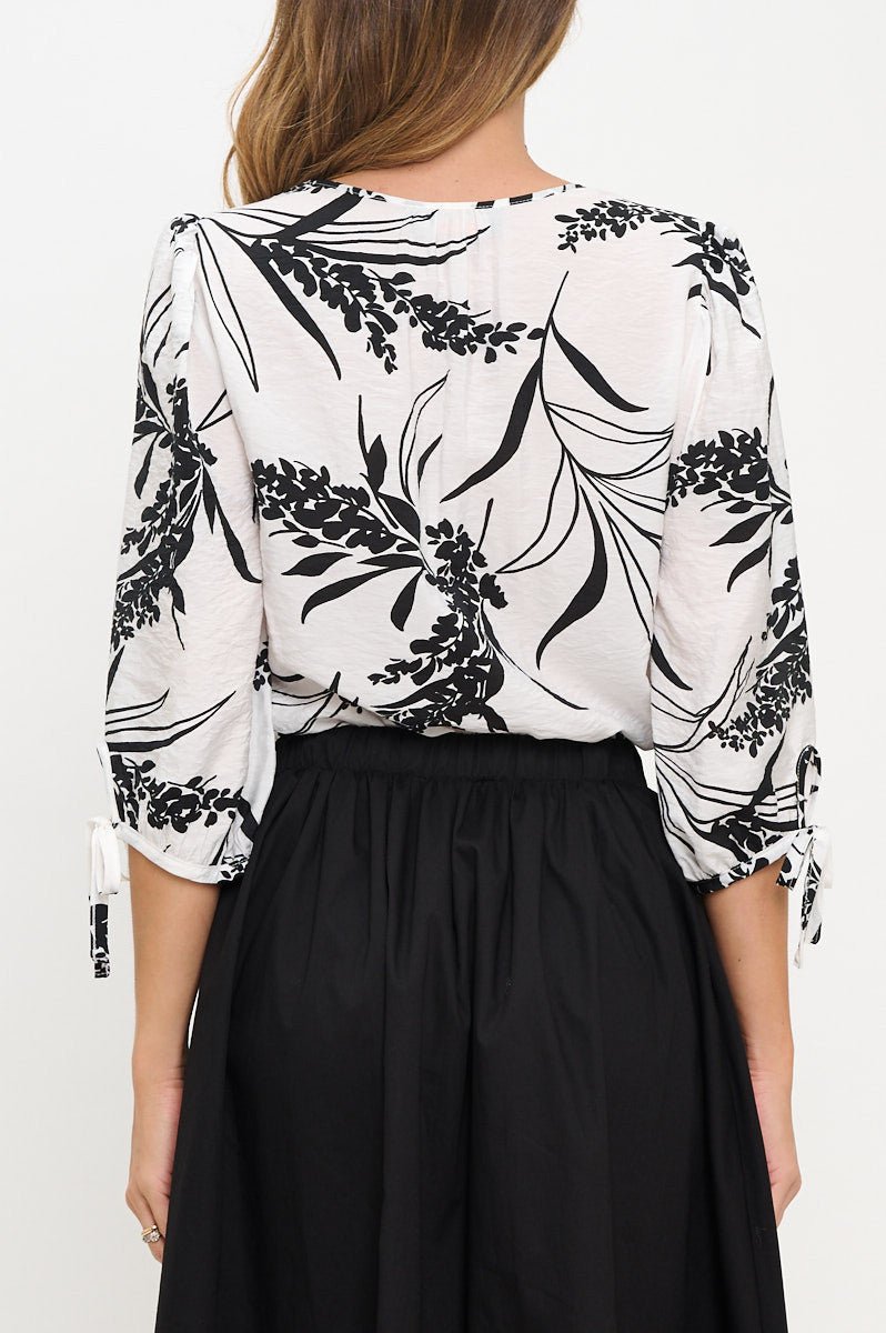 Floral Print V neck Top with Sleeve Tie - Shellcreations