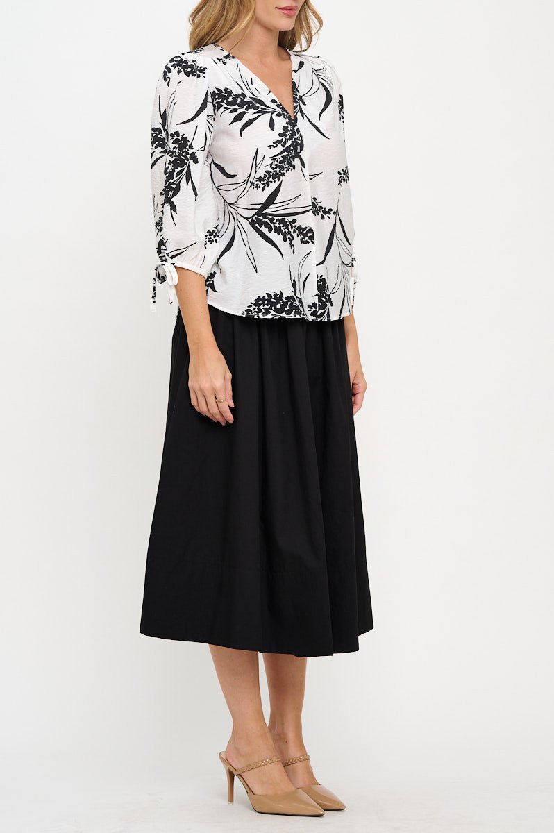 Floral Print V neck Top with Sleeve Tie - Shellcreations