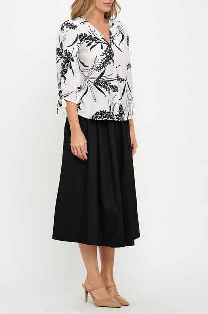 Floral Print V neck Top with Sleeve Tie - Shellcreations