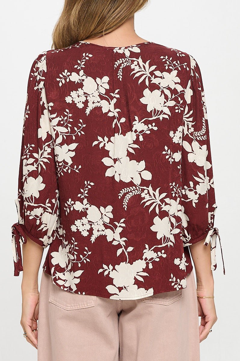 Floral Print V neck Top with Tie Sleeve - Shellcreations