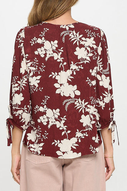 Floral Print V neck Top with Tie Sleeve - Shellcreations