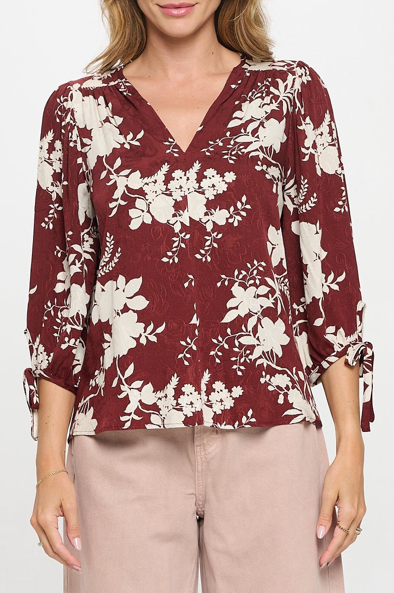 Floral Print V neck Top with Tie Sleeve - Shellcreations