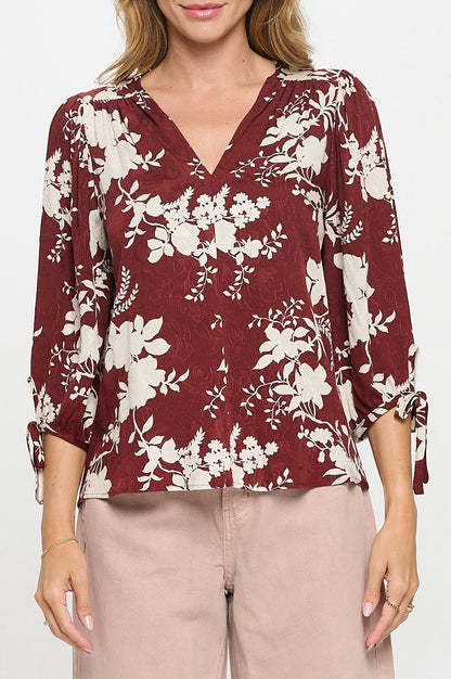 Floral Print V neck Top with Tie Sleeve - Shellcreations