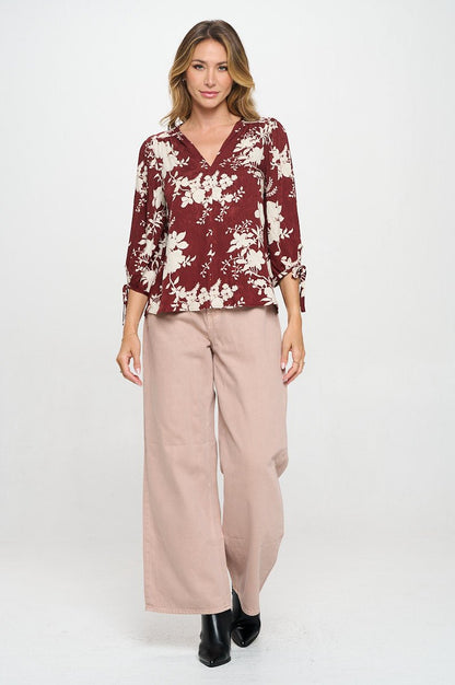 Floral Print V neck Top with Tie Sleeve - Shellcreations