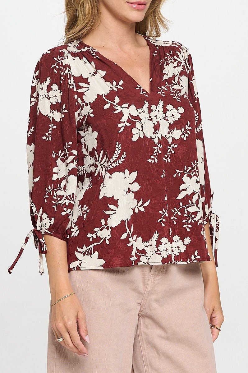 Floral Print V neck Top with Tie Sleeve - Shellcreations