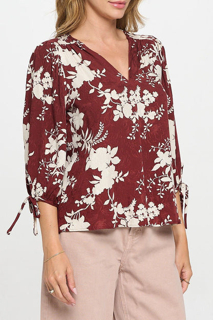 Floral Print V neck Top with Tie Sleeve - Shellcreations