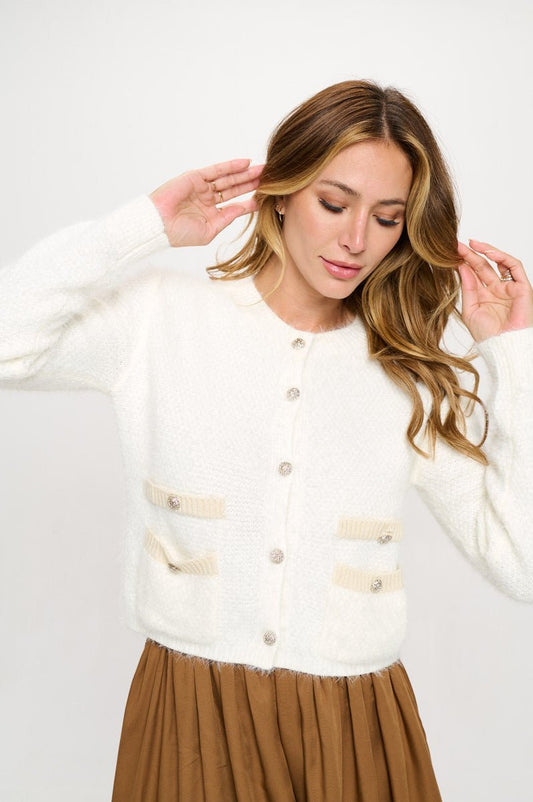 Fuzzy Long Sleeve Cardigan with Two Pockets Detail and Buttons - Shellcreations