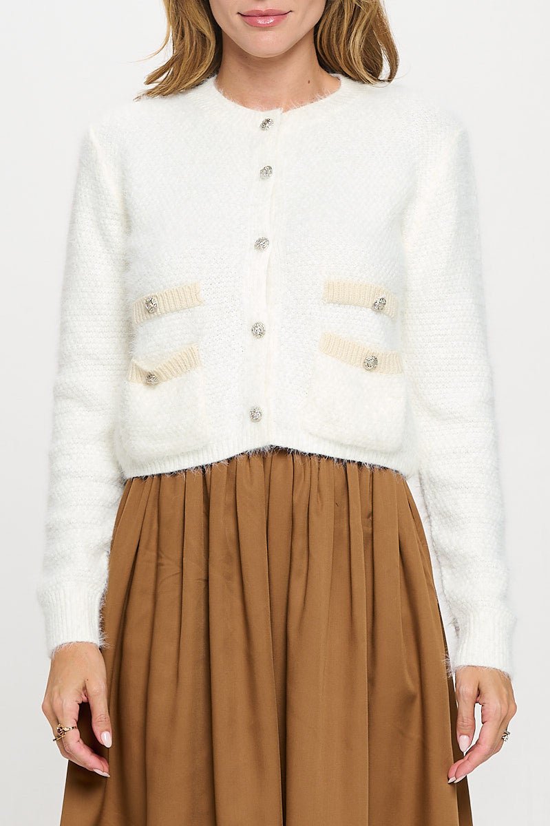 Fuzzy Long Sleeve Cardigan with Two Pockets Detail and Buttons - Shellcreations