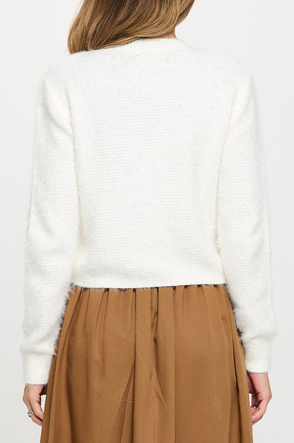 Fuzzy Long Sleeve Cardigan with Two Pockets Detail and Buttons - Shellcreations