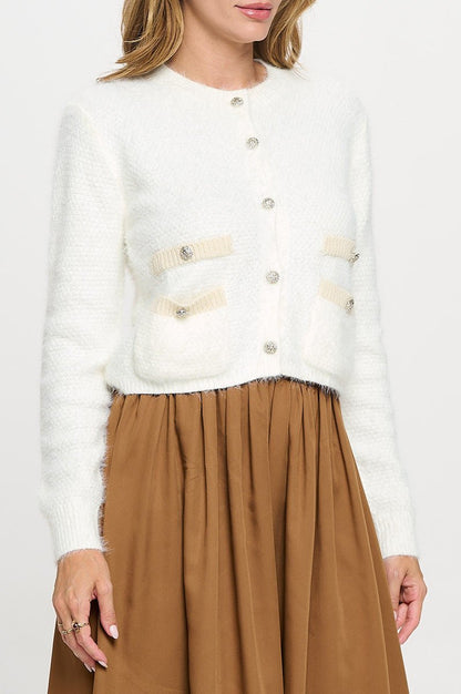 Fuzzy Long Sleeve Cardigan with Two Pockets Detail and Buttons - Shellcreations