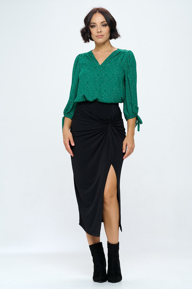 Green Print V neck Top with Sleeve Tie - Shellcreations