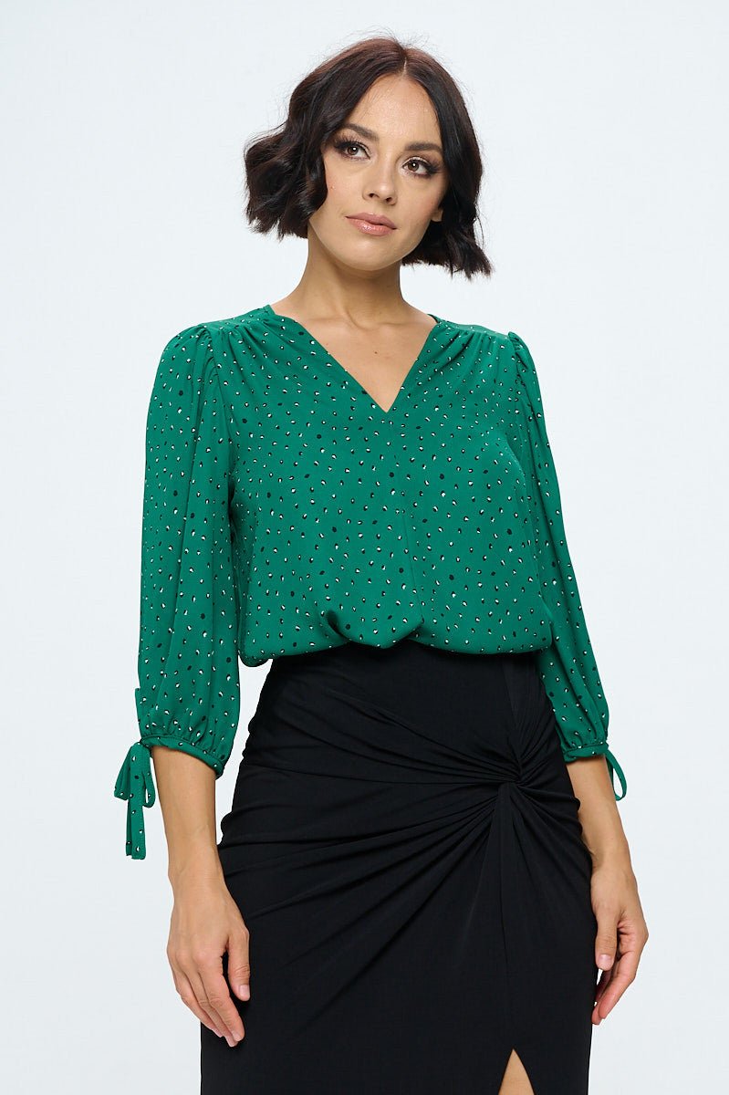 Green Print V neck Top with Sleeve Tie - Shellcreations
