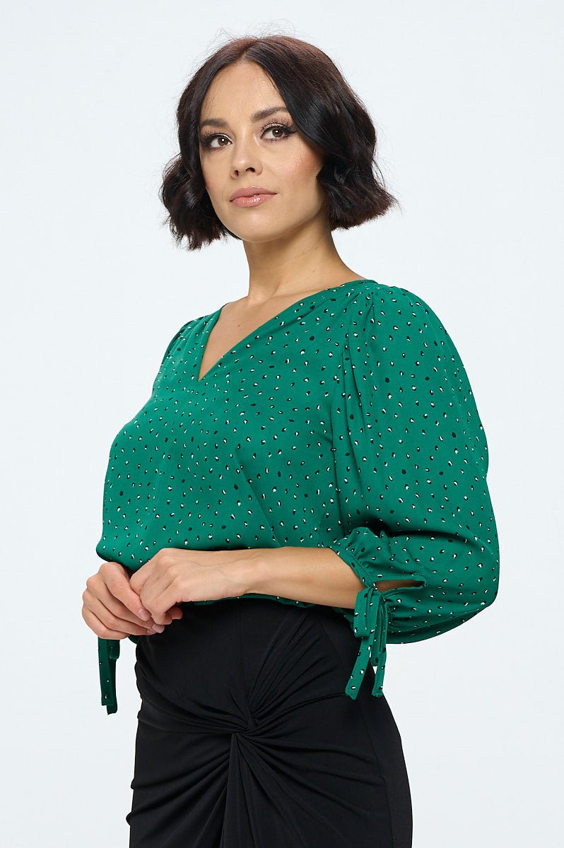 Green Print V neck Top with Sleeve Tie - Shellcreations