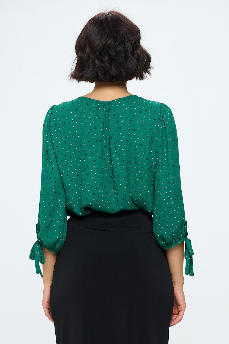 Green Print V neck Top with Sleeve Tie - Shellcreations