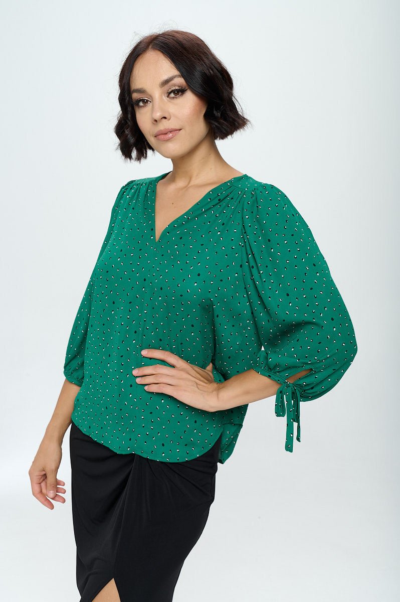 Green Print V neck Top with Sleeve Tie - Shellcreations
