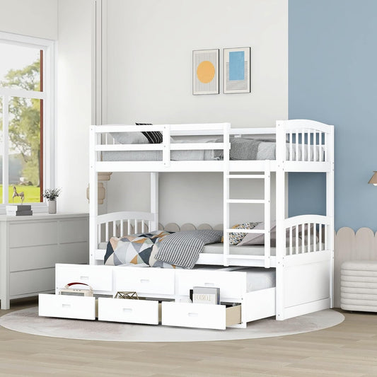 Harper&Bright Designs Twin over Twin Bunk Bed with Twin Trundle, 3 Storage Drawers, Safety Rail, and Removable Ladder, Can Be Separated into 3 Bed, White - Shellcreations