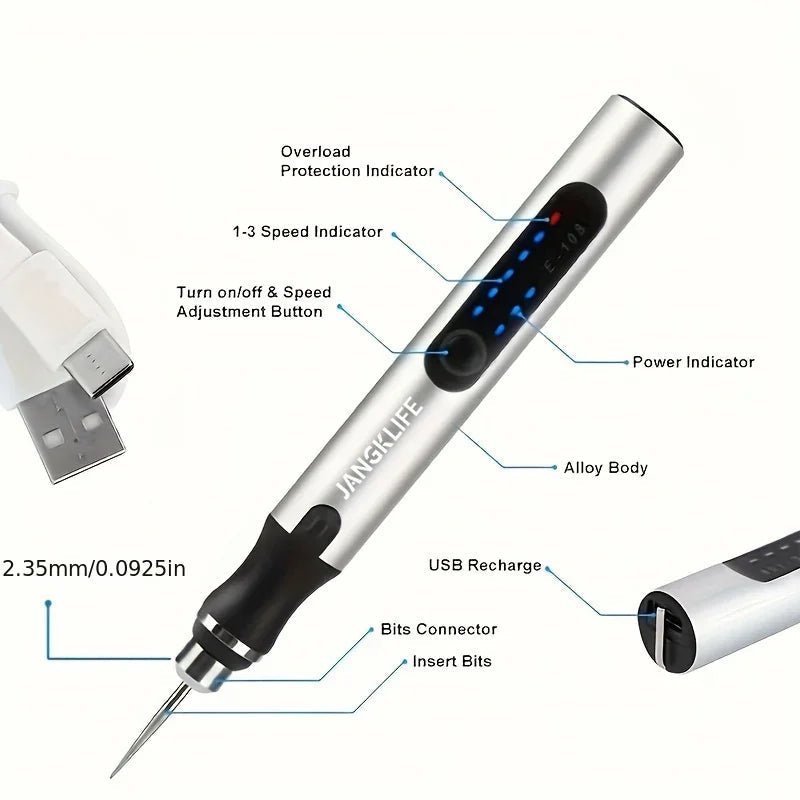 JANGKLIFE USB Cordless Rotary Tool Kit Woodworking Engraving Pen DIY For Jewelry Metal Glass Mini Wireless Drill - Shellcreations