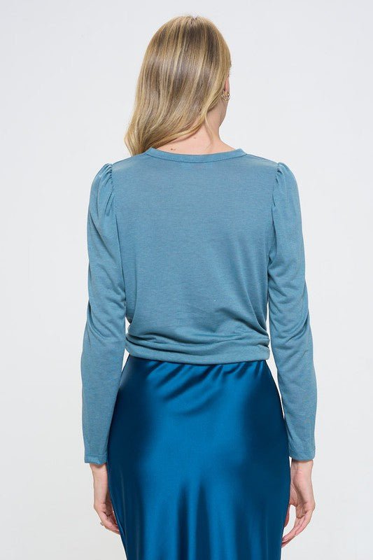 Knit Top with Puff Long Sleeve and Front Twist - Shellcreations