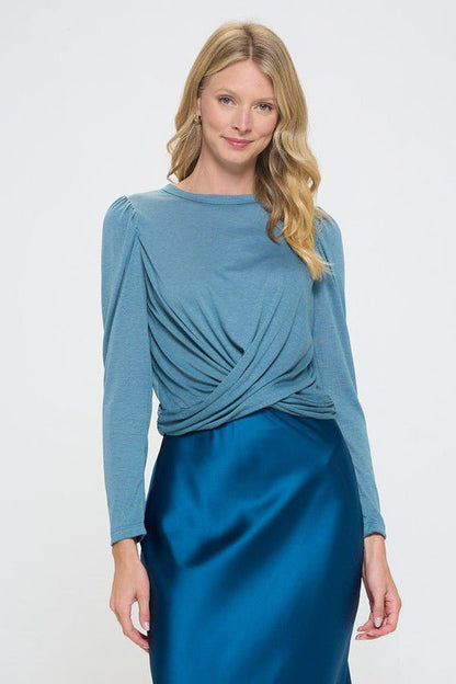 Knit Top with Puff Long Sleeve and Front Twist - Shellcreations