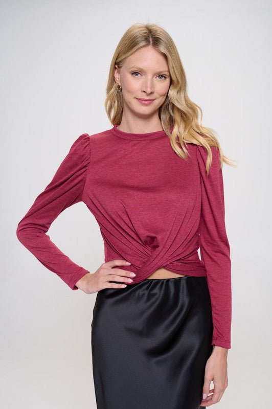 Knit Top with Puff Long Sleeve and Front Twist - Shellcreations