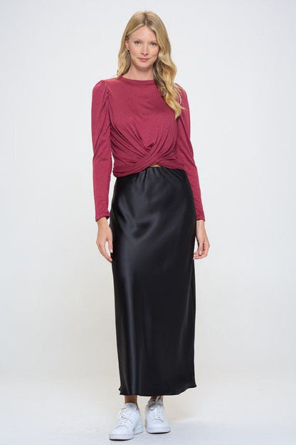 Knit Top with Puff Long Sleeve and Front Twist - Shellcreations