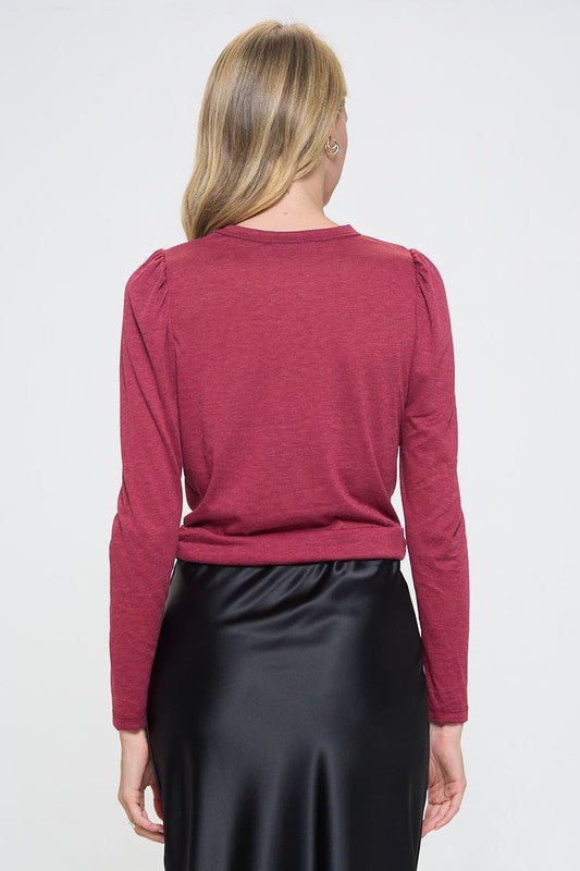 Knit Top with Puff Long Sleeve and Front Twist - Shellcreations