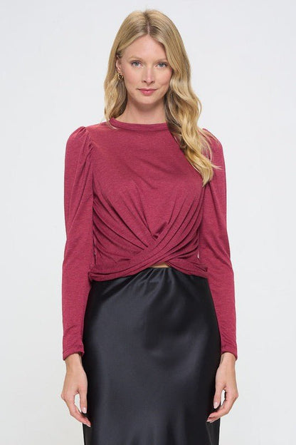 Knit Top with Puff Long Sleeve and Front Twist - Shellcreations