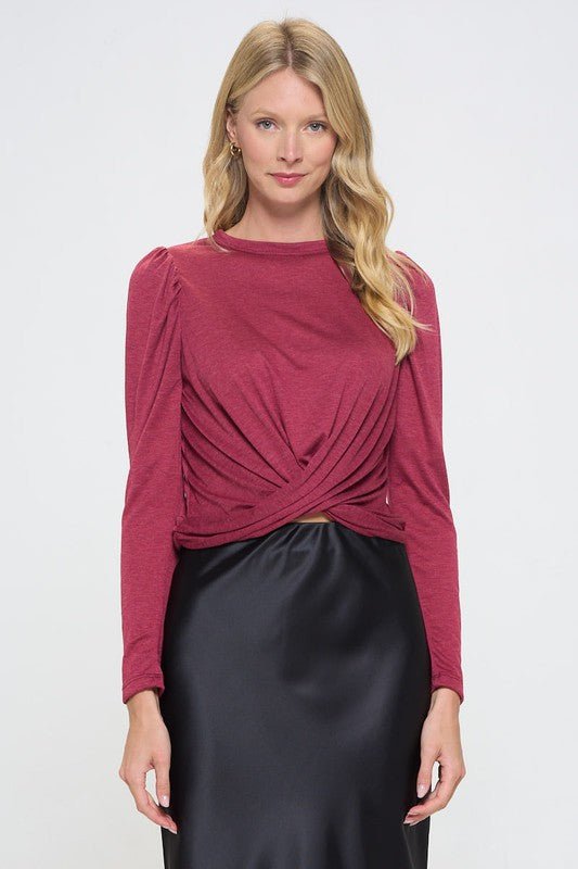 Knit Top with Puff Long Sleeve and Front Twist - Shellcreations