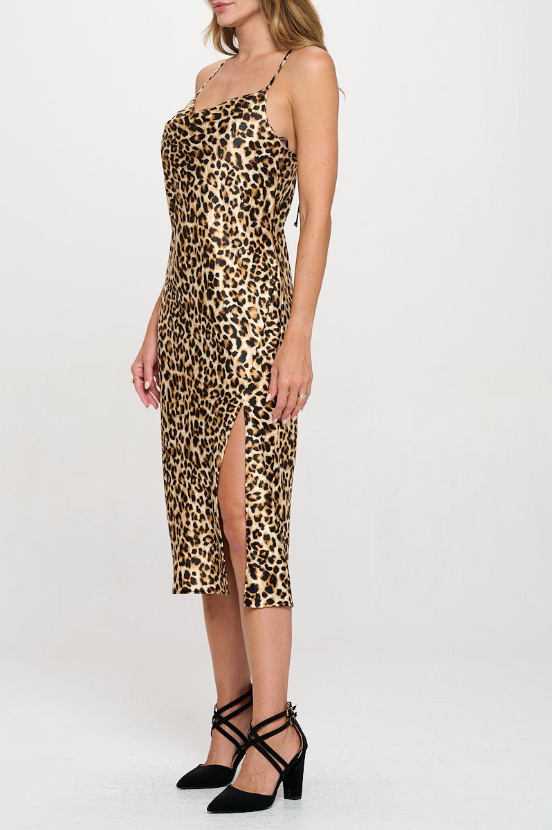 Leopard Print Satin Bias Slip Dress with Slit - Shellcreations
