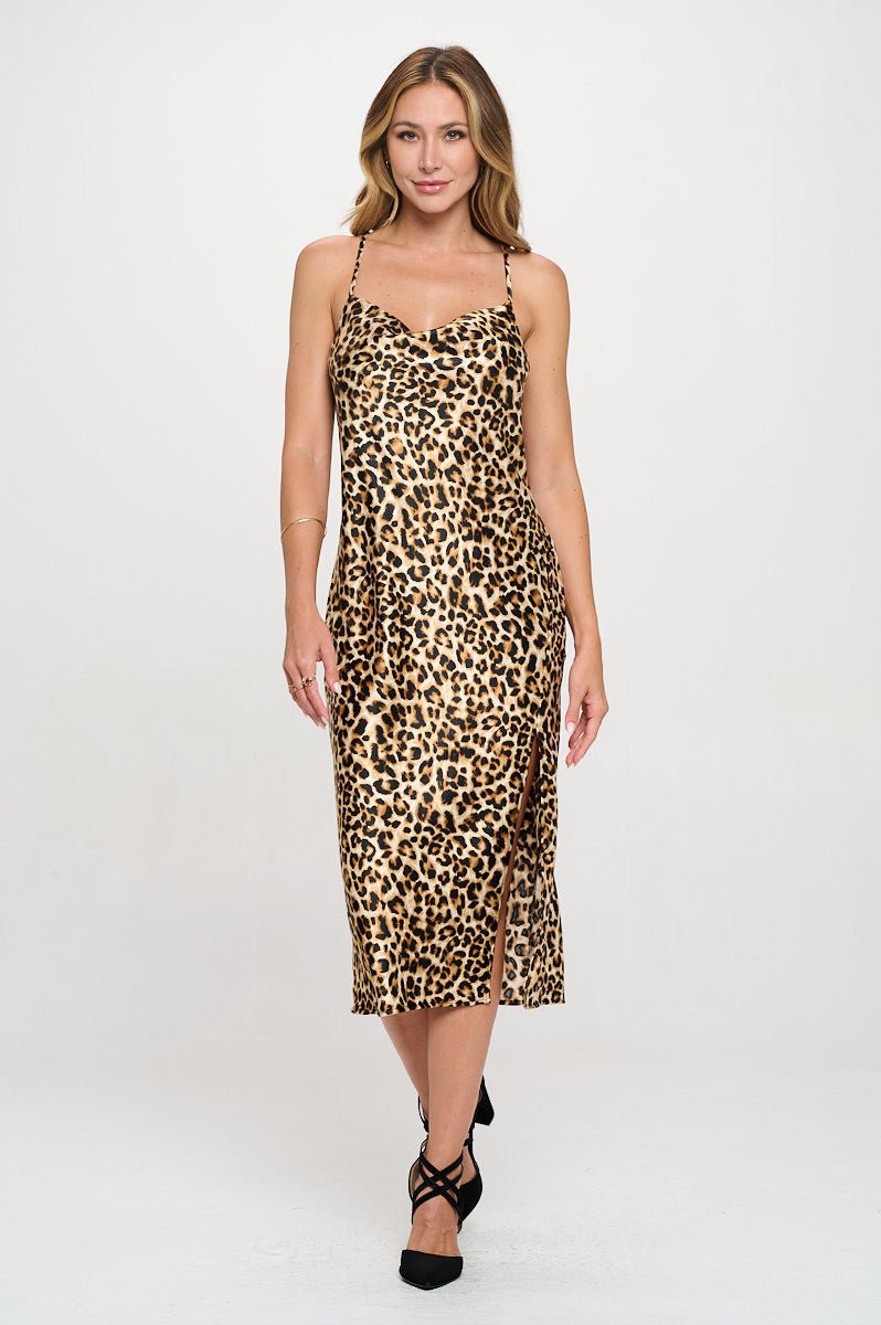 Leopard Print Satin Bias Slip Dress with Slit - Shellcreations