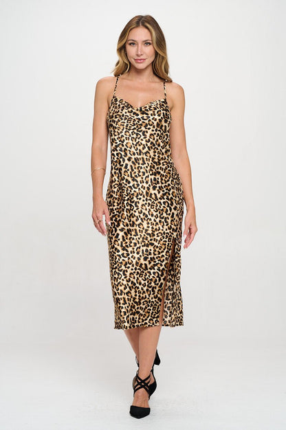 Leopard Print Satin Bias Slip Dress with Slit - Shellcreations