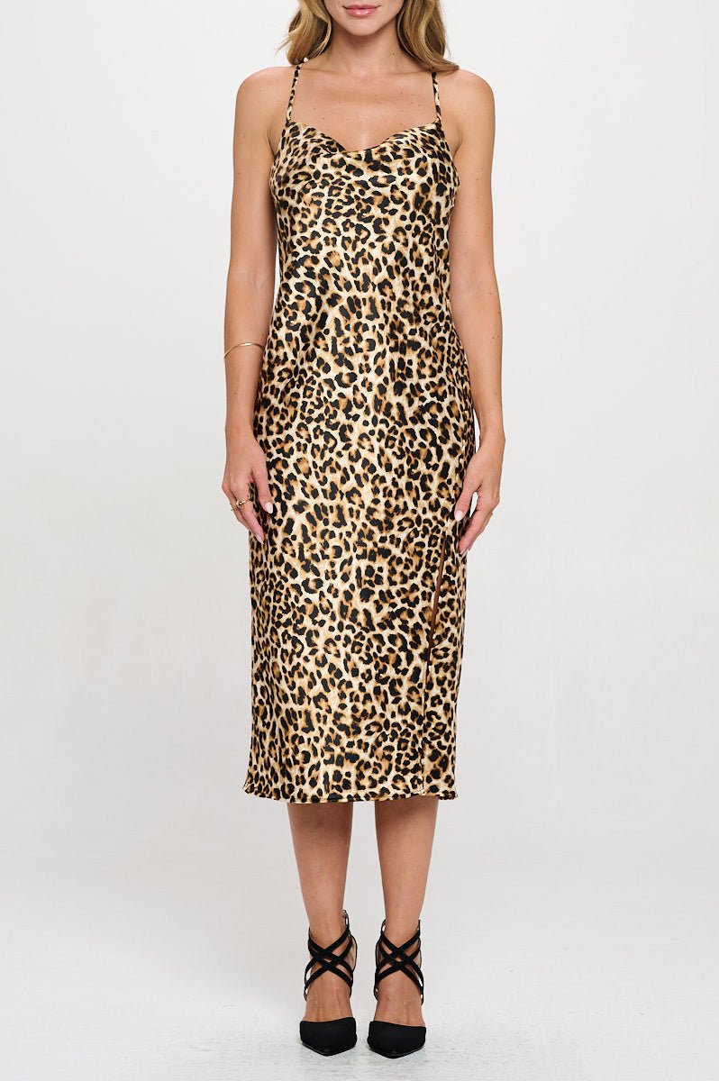 Leopard Print Satin Bias Slip Dress with Slit - Shellcreations