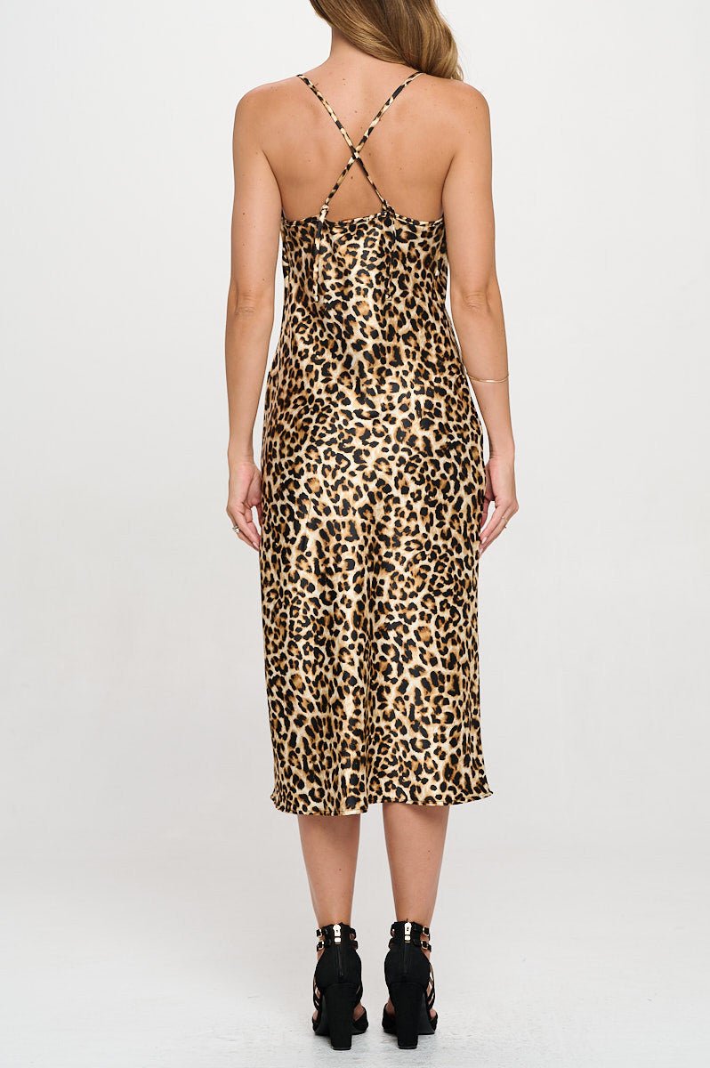 Leopard Print Satin Bias Slip Dress with Slit - Shellcreations
