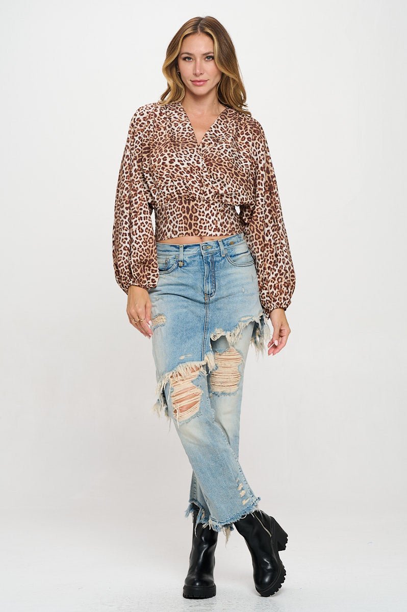 Leopard Print V neck Top with Smock Detail - Shellcreations