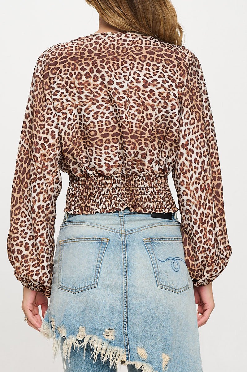 Leopard Print V neck Top with Smock Detail - Shellcreations