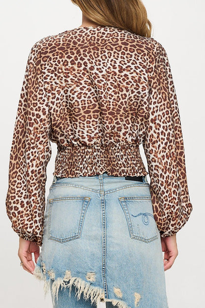 Leopard Print V neck Top with Smock Detail - Shellcreations
