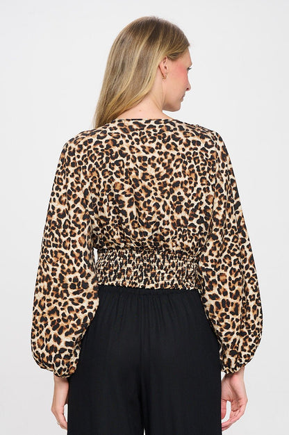 Leopard Print V neck Top with Smock Detail - Shellcreations