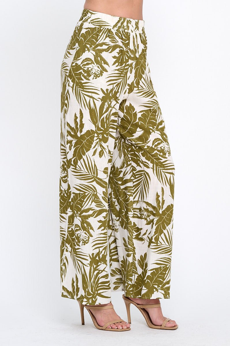 Linen Tropical Print Pants with Pockets and Elastic Waistband - Shellcreations