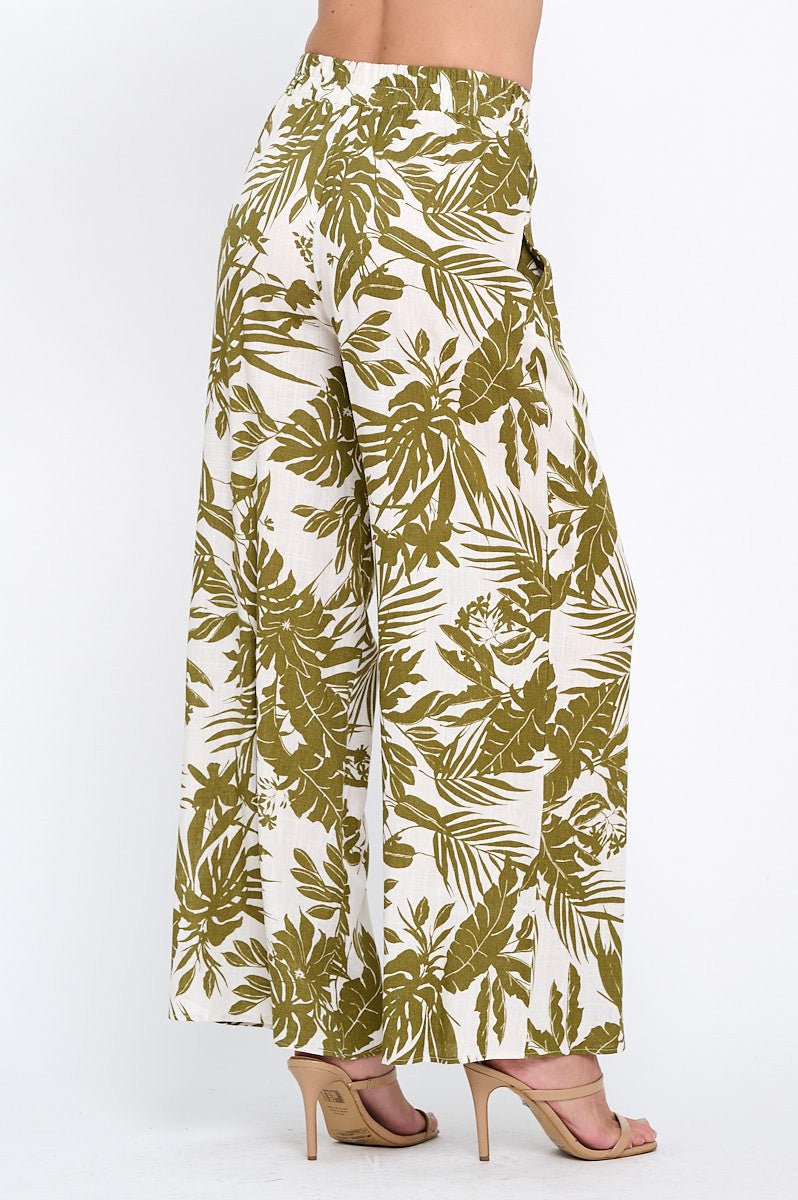Linen Tropical Print Pants with Pockets and Elastic Waistband - Shellcreations