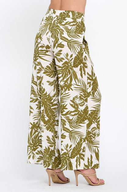 Linen Tropical Print Pants with Pockets and Elastic Waistband - Shellcreations