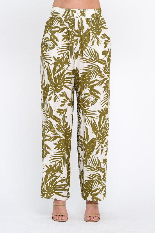 Linen Tropical Print Pants with Pockets and Elastic Waistband - Shellcreations